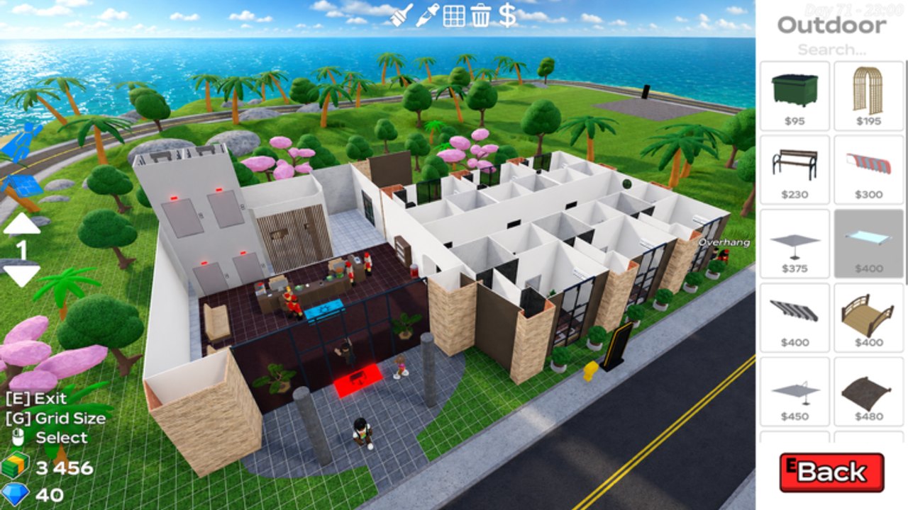 Vista aérea de um terreno de Hotel Tycoon 2 com lobby, quartos, cash e Diamonds